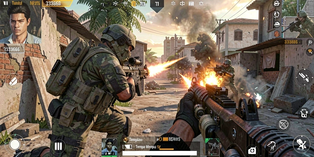 Tangkapan layar menampilkan aksi intens dalam gameplay FPS.