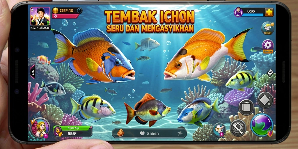 Screenshot permainan <strong>555F</strong> menampilkan aksi menembak ikan yang seru.