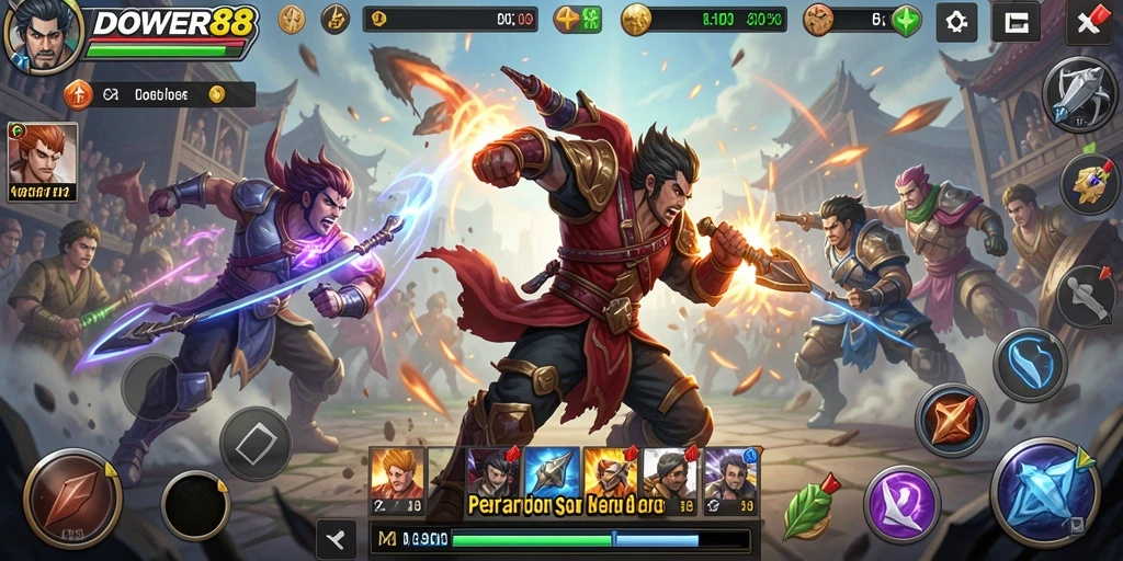 Tampilan gameplay intense pertarungan di DOWER88 dengan karakter yang beragam.