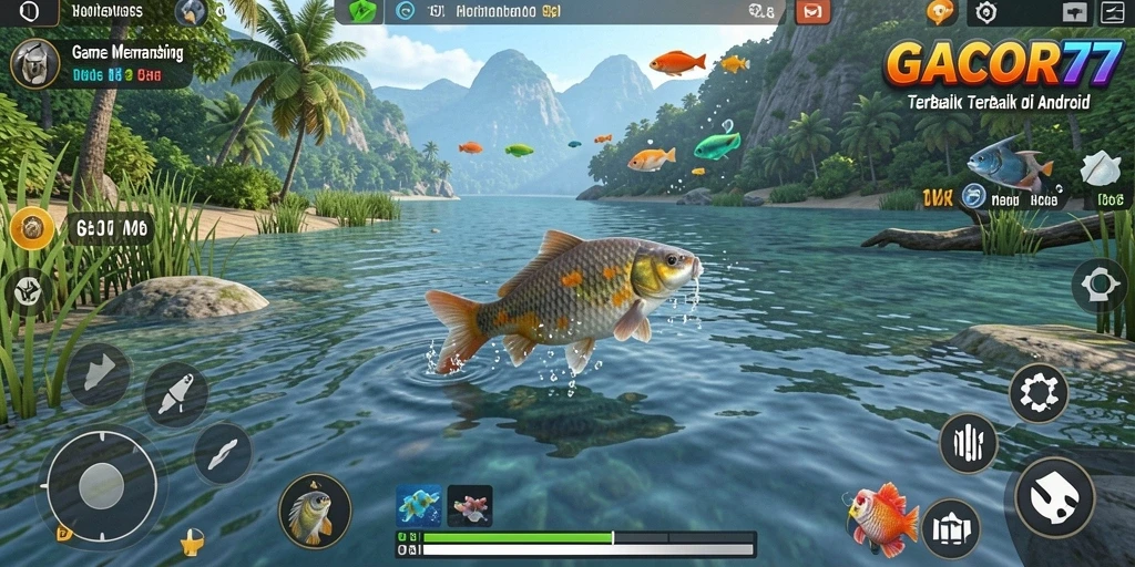 Screenshot gameplay GACOR77 menampilkan aksi seru memancing di laut.
