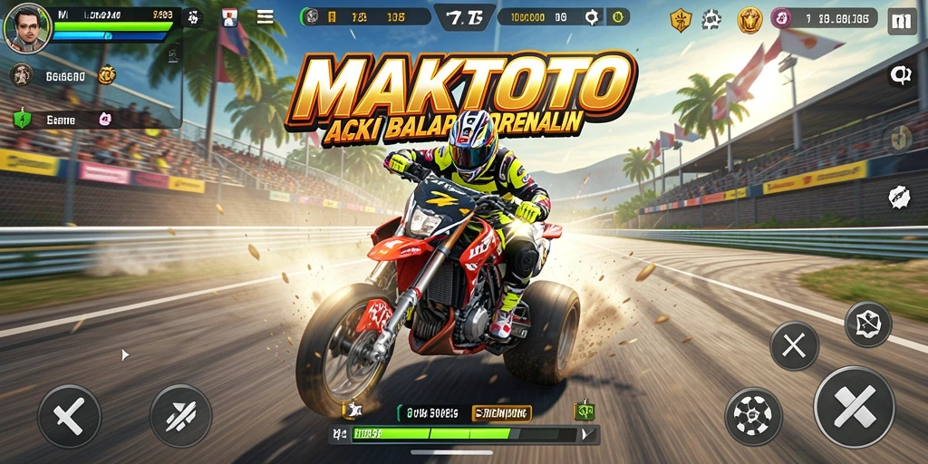 Screenshot gameplay MAKTOTO yang menunjukkan momen penuh adrenalin dalam balapan.